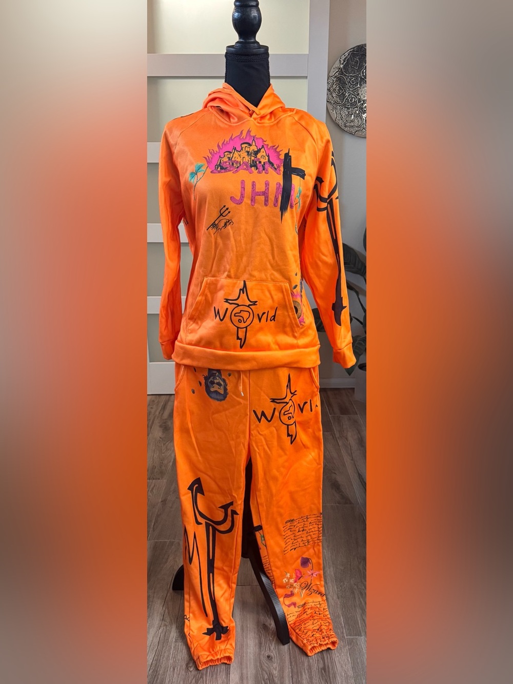 Orange Graphic Hoodie Pullover Set - Bright Orange Pullover